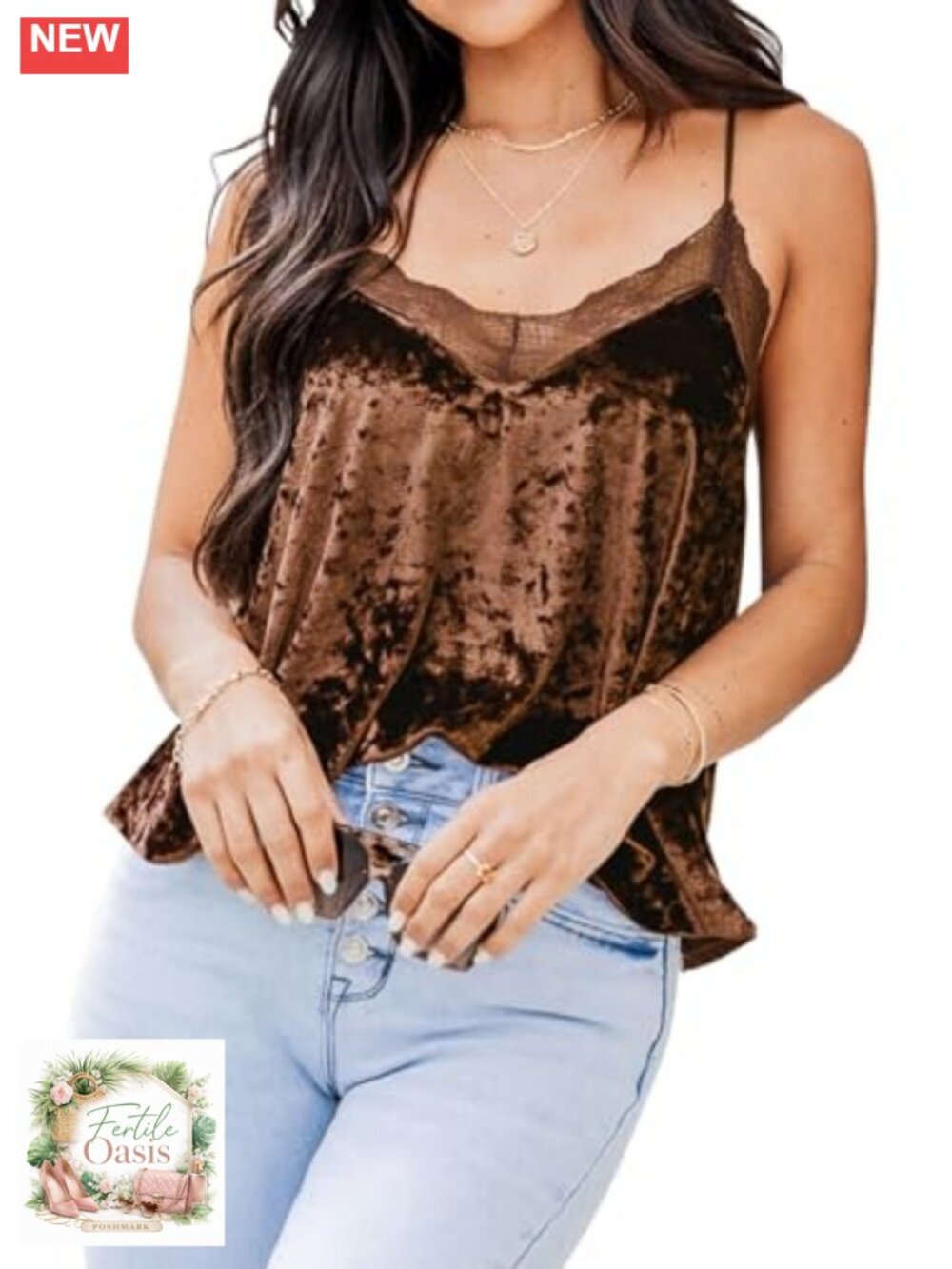 Women's Velvet Lace Trim V-Neck Tank Top Cami with Adjustable Straps